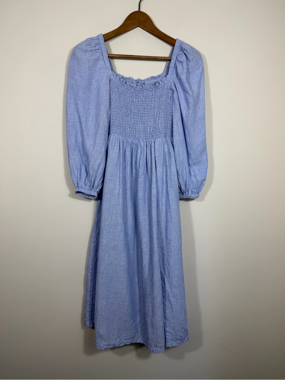 J.Crew Linen Daydream Dress Blue Smocked Puff Sleeve Midi Size S